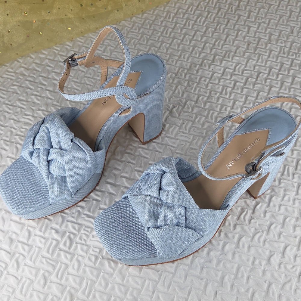 Antonio Melani Platform Size 8 Knotted Linen Block Heel Sandal - Light Blue - Picture 15 of 16